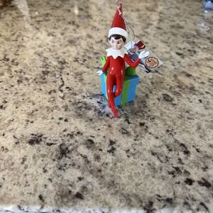 Christmas Tree Ornament The Elf On The Shelf Sitting On Present Gift Box New